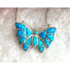 Butterfly Blue Opal Bezel Set Sterling Silver 925 Vintage Pendant Necklace - 20"